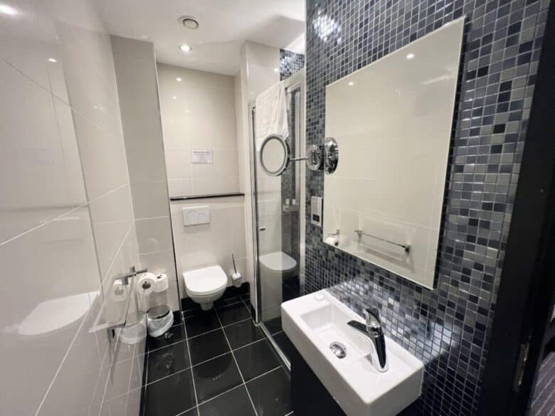 A modern bathroom with black tile floor, white toilet, wall-mounted sink, large mirror, glass shower enclosure, and mosaic tiled wall. Accessories include a towel rack, toilet paper holder, and waste bin.