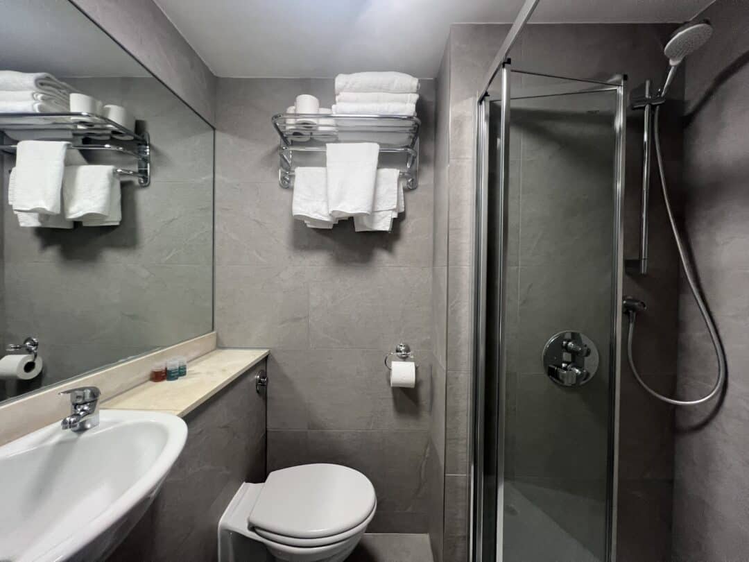 A small, modern bathroom with gray tiles, a wall-mounted sink, a toilet, a glass shower enclosure with a handheld showerhead, a toilet paper holder, a shelf with stacked towels, and toiletries on the sink ledge.