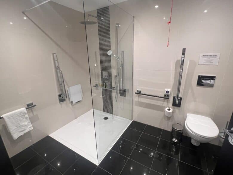 Accessible bathroom with black tile floor, a walk-in shower with grab bars, a foldable seat, handheld showerhead, and a towel bar. There is a toilet with grab bars, a wall-mounted flush, toilet paper holder, and a small trash bin.