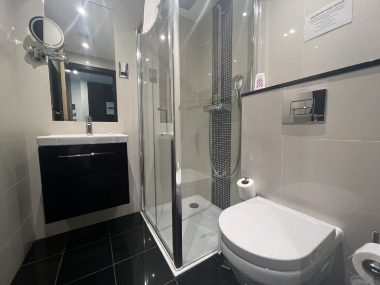 Modern bathroom with white walls, dark floor tiles, a shower with clear glass doors, a wall-mounted sink and mirror on the left, and a toilet with a toilet paper roll on the right.