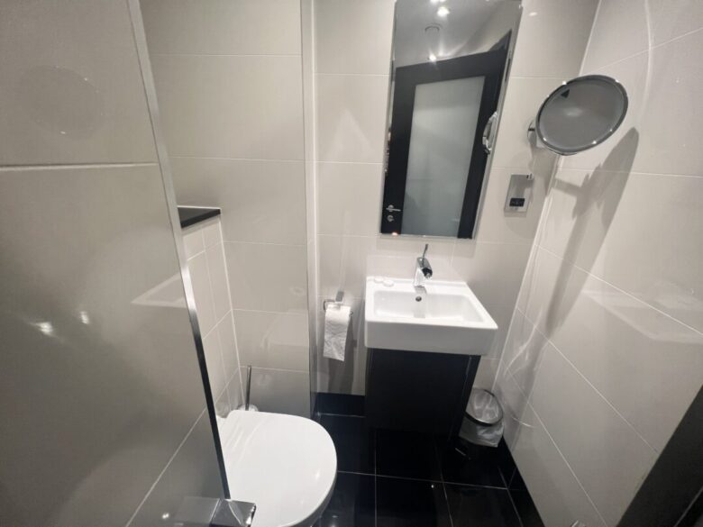 A modern bathroom with a toilet, a wall-mounted sink, a rectangular mirror above the sink, a round magnifying mirror, a towel on a rack, a small bin, and glossy black floor tiles.