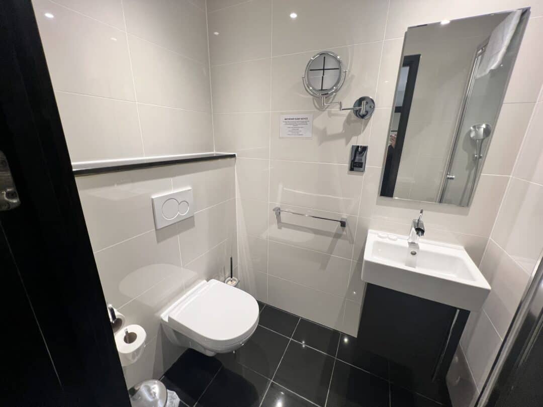 A modern, accessible bathroom with a wall-mounted toilet, grab bar, toilet paper holder, small sink, large mirror, and round magnifying mirror. The walls are light-tiled and the floor is shiny black tile.