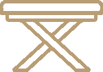 Simple, brown line drawing of a wooden bench or table with crossed legs, viewed from the side.