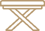 Simple, brown line drawing of a wooden bench or table with crossed legs, viewed from the side.