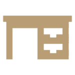 Simple brown icon of a desk with two drawers on the right side, set against a light gray background.