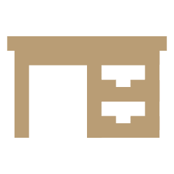 Simple brown icon of a desk with two drawers on the right side, set against a light gray background.