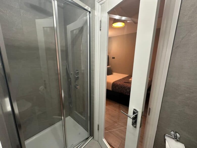 A view from a modern bathroom with a glass shower door, looking through an open white door into a cozy bedroom with a double bed and a bedside lamp.