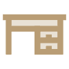 A simple, minimalist icon of a brown desk with a left-side open space for legroom, shown on a transparent background.