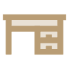 A simple, minimalist icon of a brown desk with a left-side open space for legroom, shown on a transparent background.