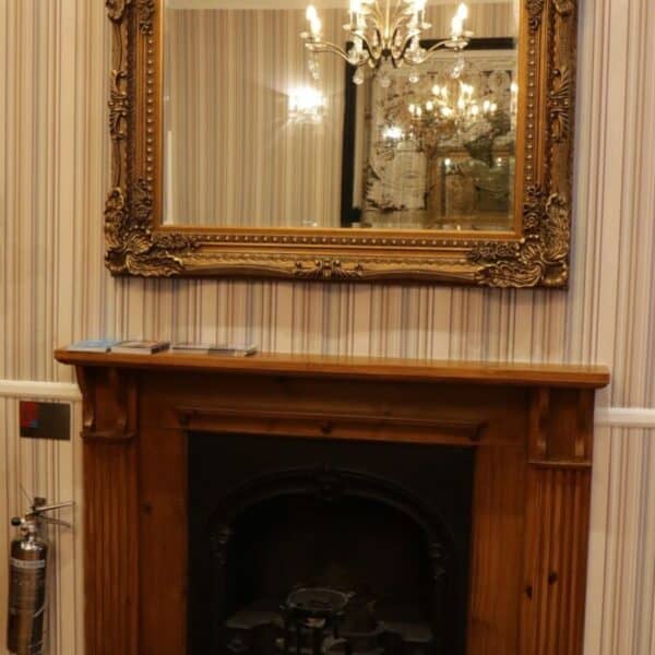 A wooden fireplace with a black cast iron insert is set against striped wallpaper. Above the mantel hangs a large ornate gold-framed mirror reflecting a chandelier and part of the room. A fire extinguisher is on the left.