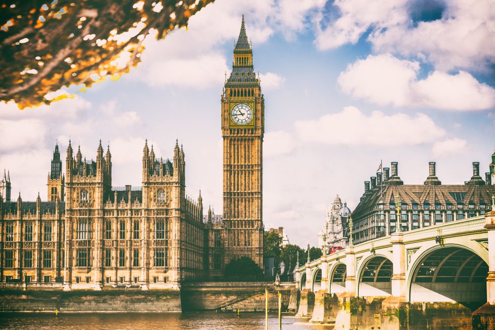 The image shows the iconic Big Ben clock tower and the Houses of Parliament in London, England, with Westminster Bridge over the River Thames under a partly cloudy sky.
