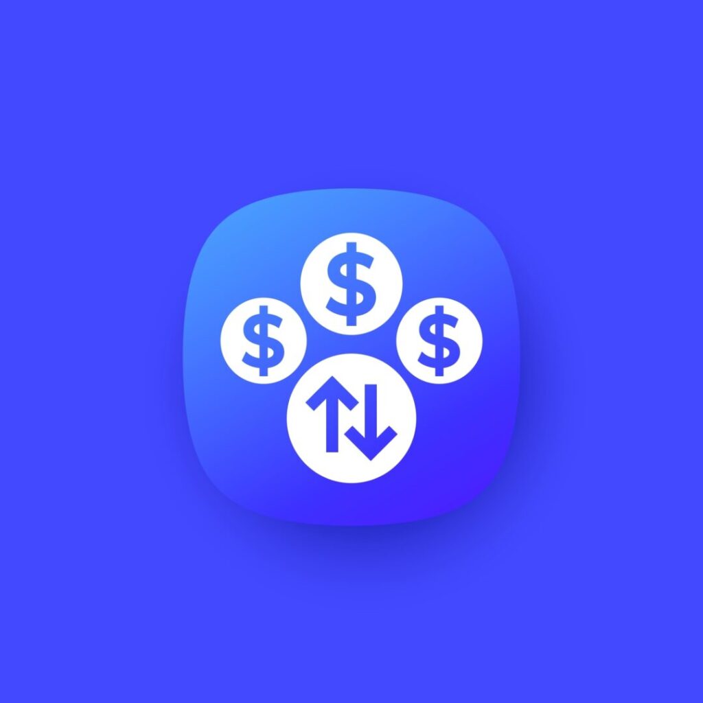 A blue rounded square icon with three dollar signs above a circle containing upward and downward arrows, symbolizing financial transactions or currency exchange.