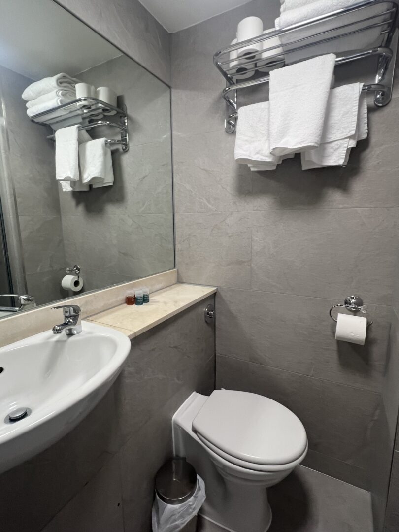 A small, modern bathroom with a white sink, toilet, and wall-mounted towel rack holding folded towels. A shelf above the toilet displays toiletries, and a mirror covers one wall, reflecting the space.