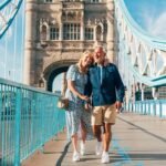 A smiling couple walks hand in hand on Tower Bridge in London on a sunny day. The woman wears a blue patterned dress, and the man wears a denim shirt and shorts. The iconic bridge structure is visible behind them.