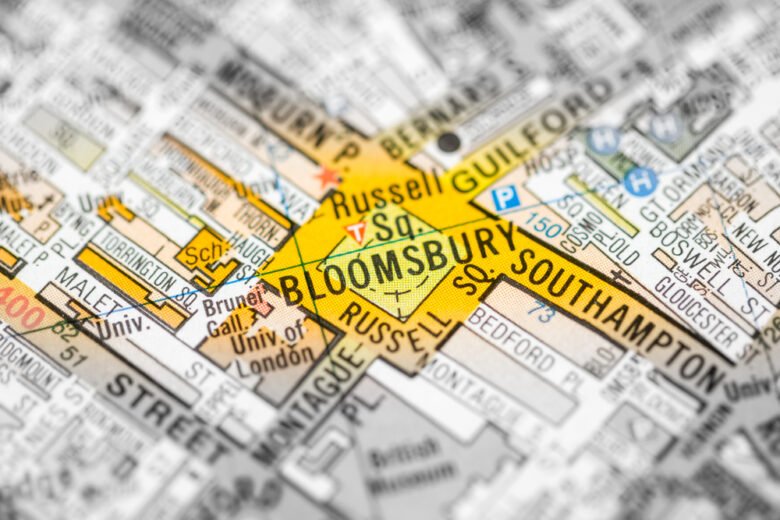 A close-up of a city map highlighting the Bloomsbury area in central London with a yellow star, showing surrounding streets and locations such as Russell Square and Southampton Row.
