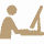 A simple beige icon of a person sitting at a desk and using a computer monitor.
